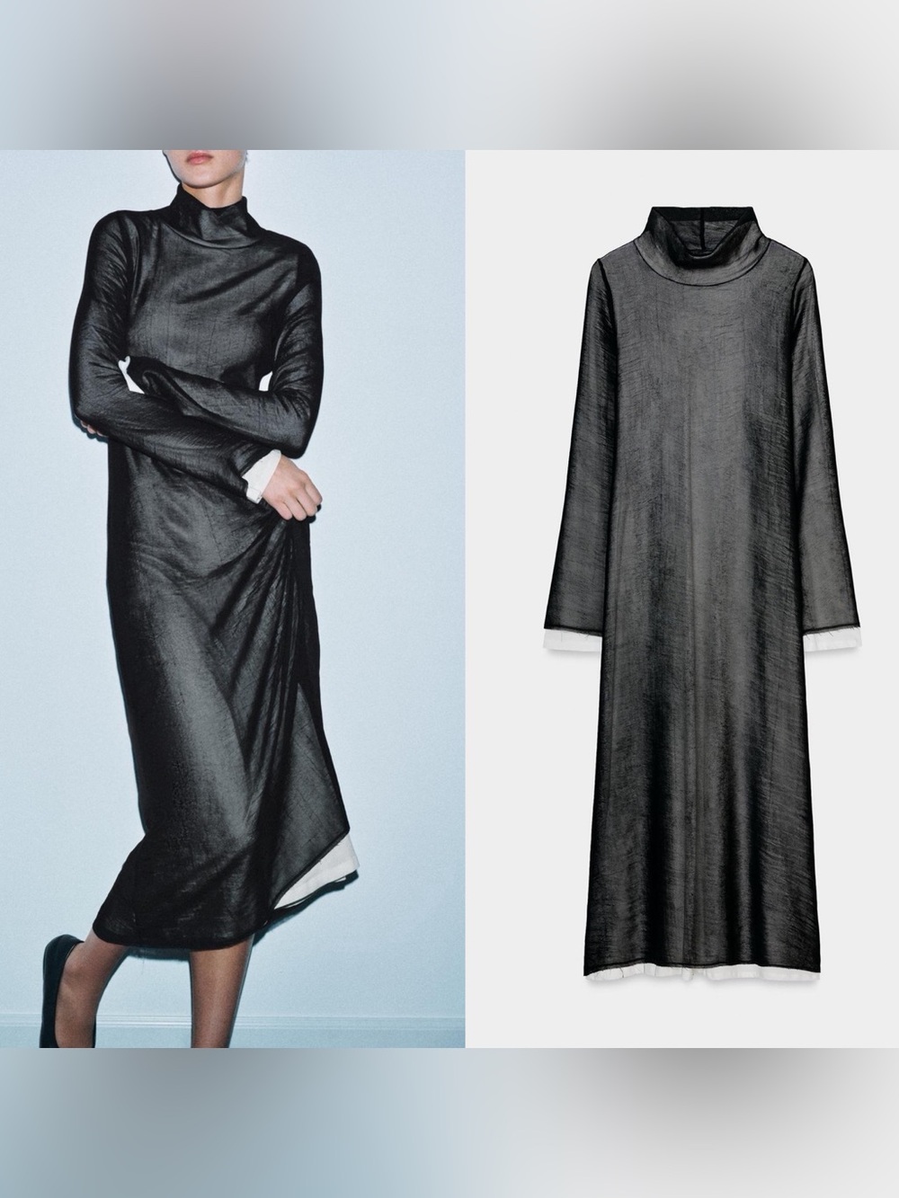 Zara NWT double layer mesh Black & white sleeve Mock Neck Midi Dress stretch